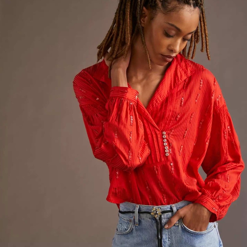 Pilcro Red Sequin-Embellished V-Neck Blouse